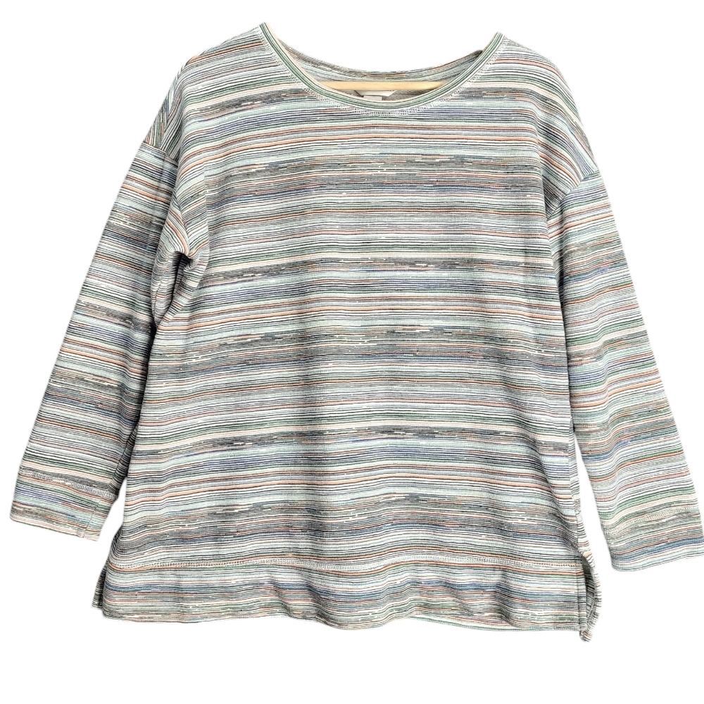 Christopher & Banks Top Womens Large Striped 3/4 Sleeve Round Neck Casual Terry